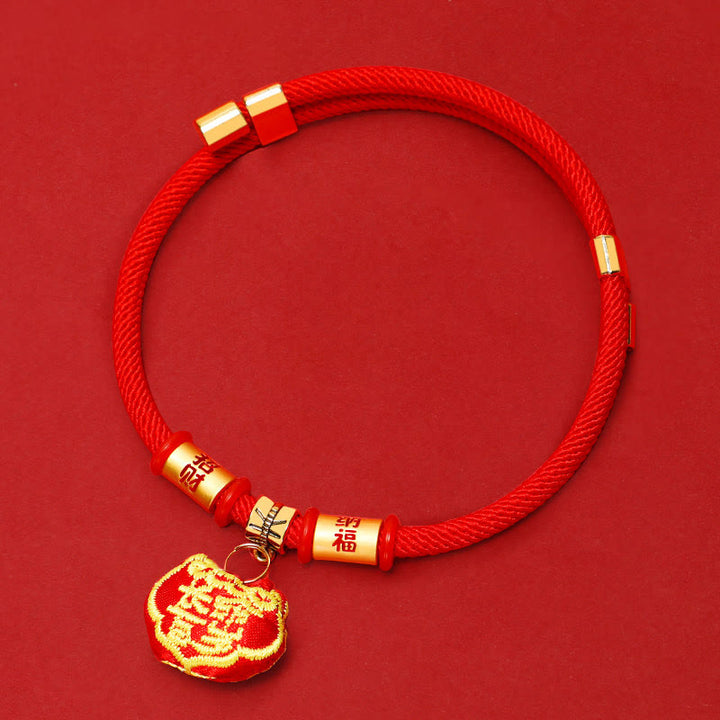 Buddha Stones Rotes, geflochtenes und besticktes Tiger-Fu-Halsband zum Schutz von Katzen und Hunden, verstellbar - Lucky Fortune Ruyi Lock - 26-44 cm - image 8