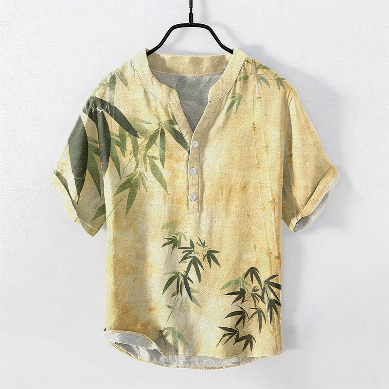 Buddha Stones Kurzarmhemd aus Baumwolle mit Bambusmuster und halber Knopfleiste - Khaki - US/ UK/AU50, EU60 (5XL) - image 6