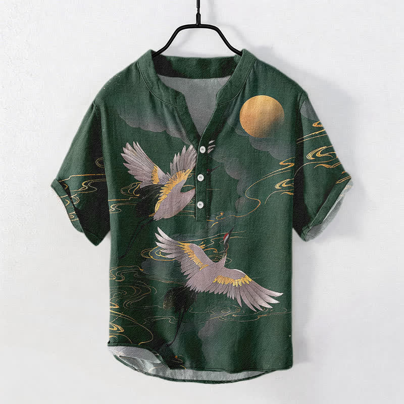 Buddha Stones Baumwollhemd für Herren mit Vollmond-Kranichmuster, Kurzarm, halbe Knopfleiste - SeaGreen - US/ UK/AU50, EU60 (5XL) - image 5