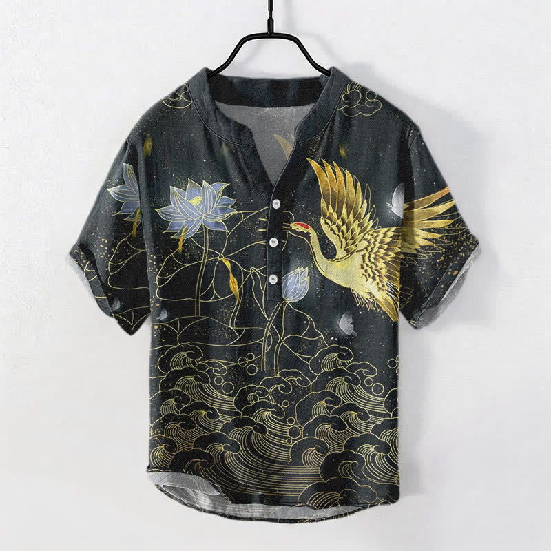 Buddha Stones Baumwollhemd für Herren, Kurzarm, halb geknöpft, mit Kranich-, Wellen-, Lotus- und Wolkenmuster - Schwarz - US/ UK/AU50, EU60 (5XL) - image 0