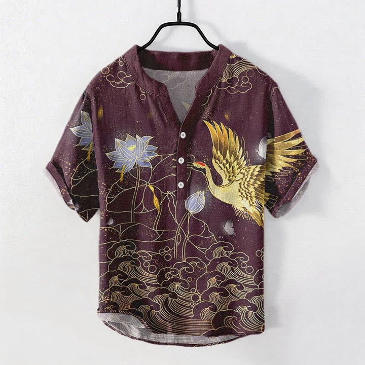 Buddha Stones Baumwollhemd für Herren, Kurzarm, halb geknöpft, mit Kranich-, Wellen-, Lotus- und Wolkenmuster - Dunkelmagenta - US/ UK/AU50, EU60 (5XL) - image 7