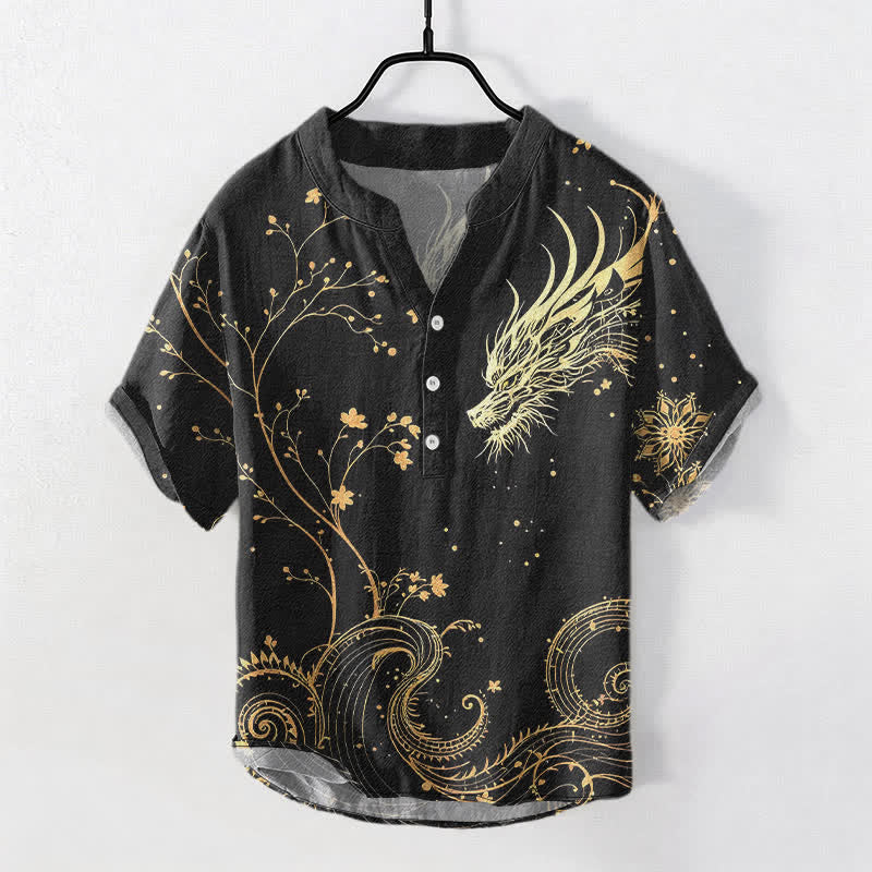 Buddha Stones Herrenhemd aus Baumwolle mit Wellen-, Drachen- und Blumenmuster, Kurzarm, halbe Knopfleiste - Schwarz - US/ UK/AU50, EU60 (5XL) - image 0