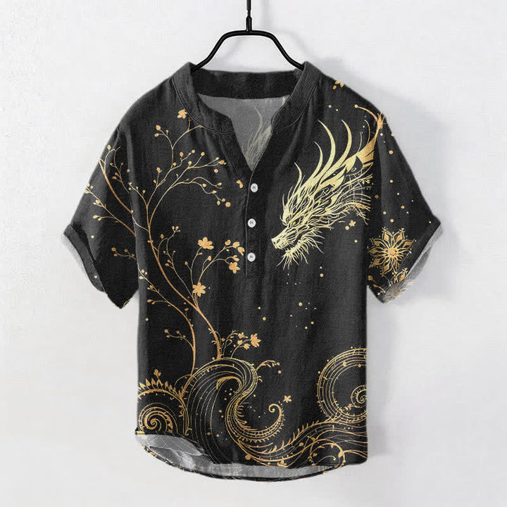 Buddha Stones Herrenhemd aus Baumwolle mit Wellen-, Drachen- und Blumenmuster, Kurzarm, halbe Knopfleiste - Schwarz - US/ UK/AU50, EU60 (5XL) - image 0