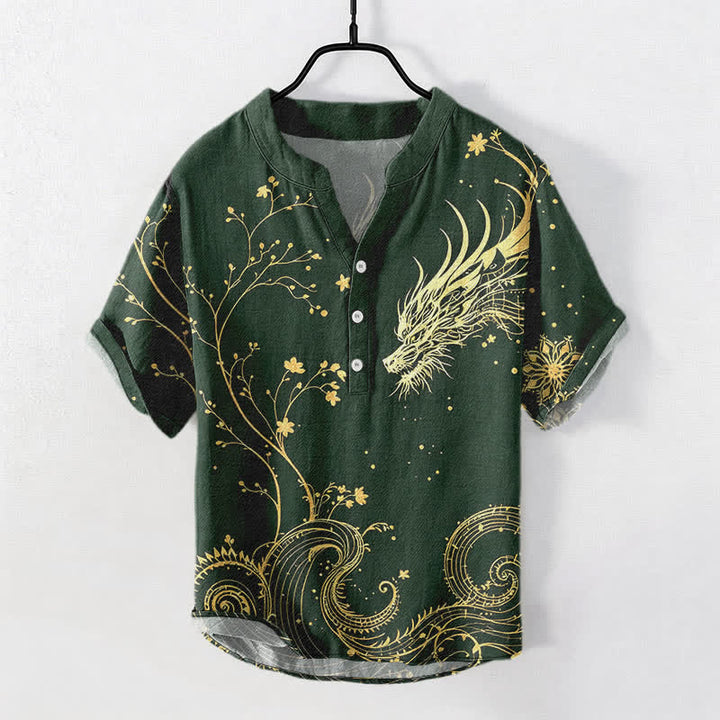 Buddha Stones Herrenhemd aus Baumwolle mit Wellen-, Drachen- und Blumenmuster, Kurzarm, halbe Knopfleiste - SeaGreen - US/ UK/AU50, EU60 (5XL) - image 5