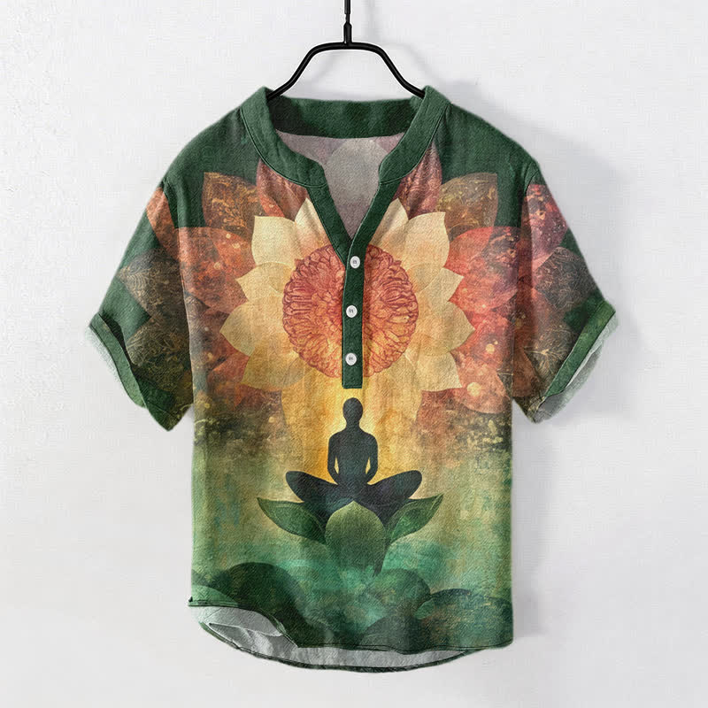 Buddha Stones Kurzarm-Herrenhemd aus Baumwolle mit Lotus-Meditationsmotiv und halber Knopfleiste - SeaGreen - US/UK/AU50, EU60 (5XL) - image 0