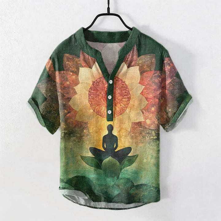 Buddha Stones Kurzarm-Herrenhemd aus Baumwolle mit Lotus-Meditationsmotiv und halber Knopfleiste - SeaGreen - US/UK/AU50, EU60 (5XL) - image 0