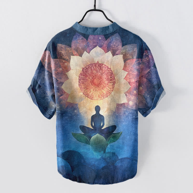 Buddha Stones Kurzarm-Herrenhemd aus Baumwolle mit Lotus-Meditationsmotiv und halber Knopfleiste - image 6