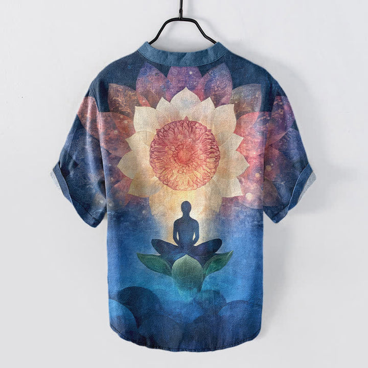 Buddha Stones Kurzarm-Herrenhemd aus Baumwolle mit Lotus-Meditationsmotiv und halber Knopfleiste - image 6