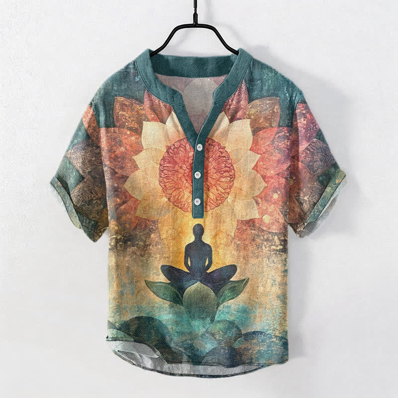 Buddha Stones Kurzarm-Herrenhemd aus Baumwolle mit Lotus-Meditationsmotiv und halber Knopfleiste - Hellseegrün - US/UK/AU50, EU60 (5XL) - image 7
