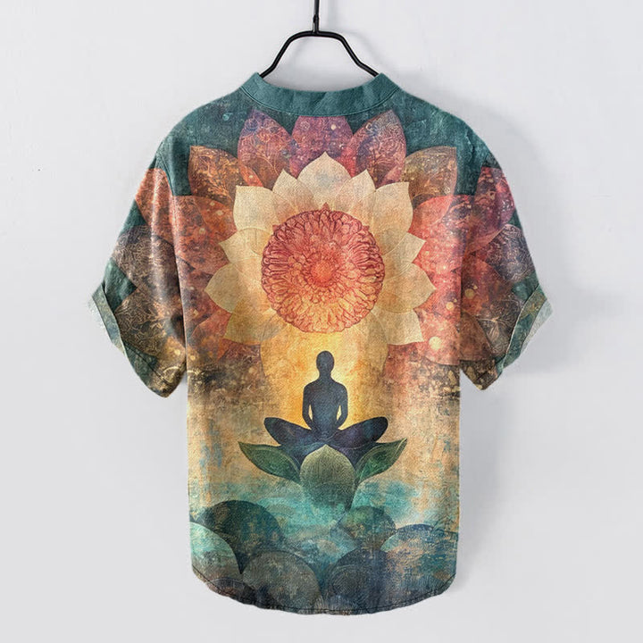 Buddha Stones Kurzarm-Herrenhemd aus Baumwolle mit Lotus-Meditationsmotiv und halber Knopfleiste - image 8