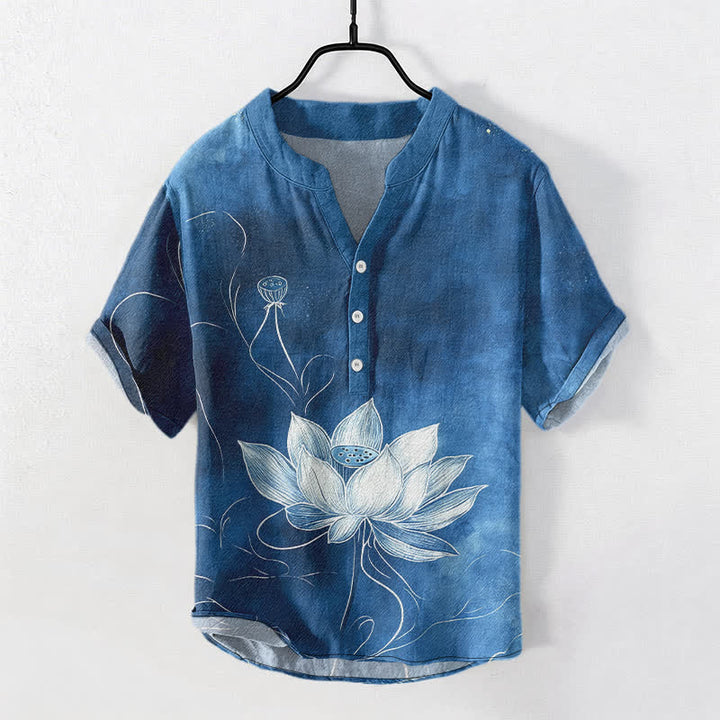 Buddha Stones Kurzarmhemd aus Baumwolle mit Lotusmuster und halber Knopfleiste - SteelBlue - US/UK/AU50, EU60 (5XL) - image 7