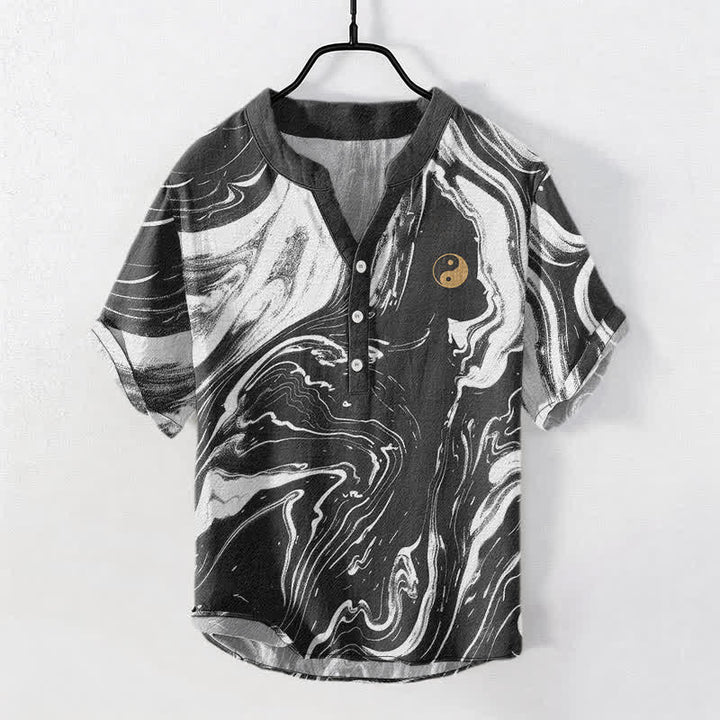 Buddha Stones Kurzarmhemd aus Baumwolle mit Tai-Chi-Muster, halb geknöpft, Herrenhemd, Kurzarm, Baumwolle, Herrenhemd mit halber Knopfleiste - Schwarz - US/UK/AU50, EU60 (5XL) - image 0
