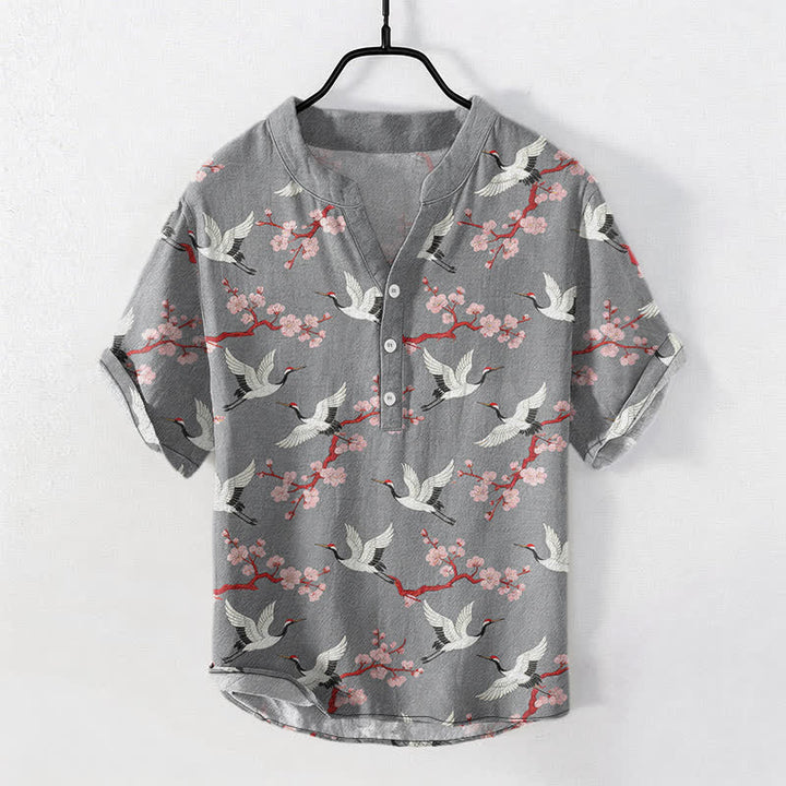 Buddha Stones Crane Plum Blossom Herren Henley Kurzarmhemd - image 0