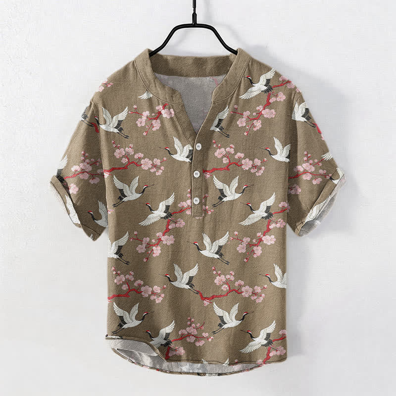 Buddha Stones Crane Plum Blossom Herren Henley Kurzarmhemd - Bräunen - US/ UK/AU50, EU60 (5XL) - image 5