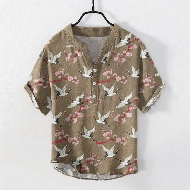 Buddha Stones Crane Plum Blossom Herren Henley Kurzarmhemd - Bräunen - US/ UK/AU50, EU60 (5XL) - image 5
