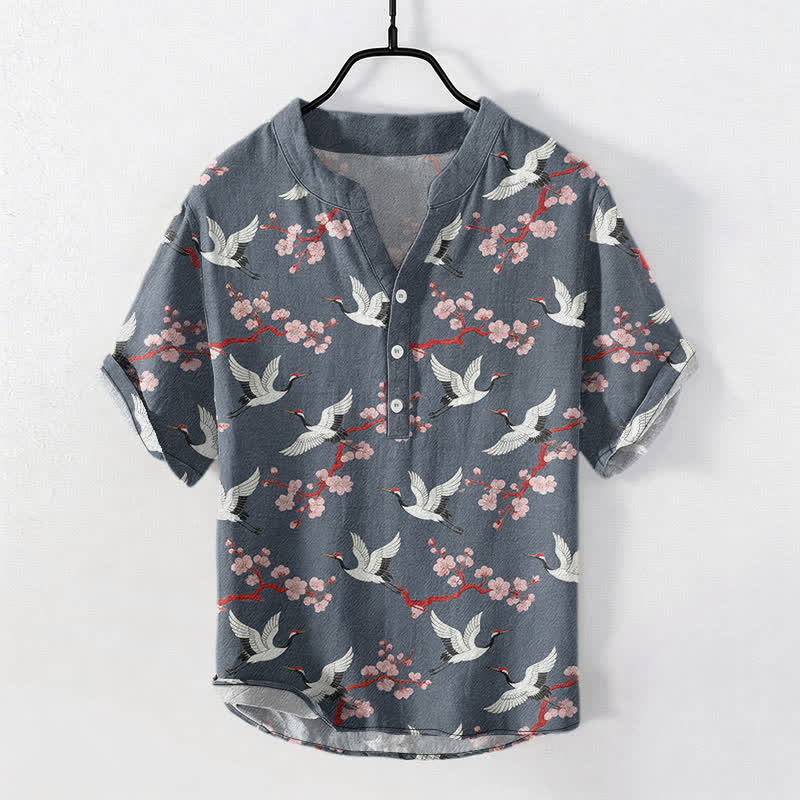 Buddha Stones Crane Plum Blossom Herren Henley Kurzarmhemd - Schiefergrau - US/ UK/AU50, EU60 (5XL) - image 7