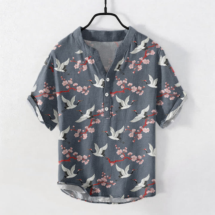 Buddha Stones Crane Plum Blossom Herren Henley Kurzarmhemd - Schiefergrau - US/ UK/AU50, EU60 (5XL) - image 7