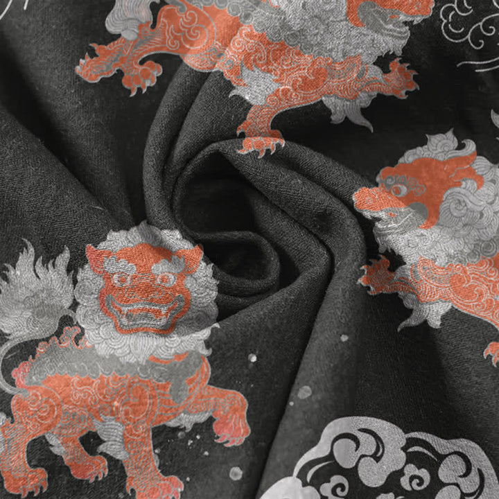 Buddha Stones Baumwoll-Herrenhemd mit kurzen Ärmeln und Löwenmuster „Lion Waves Cloud“, leichtes Design, kastenförmiger Schnitt - image 4
