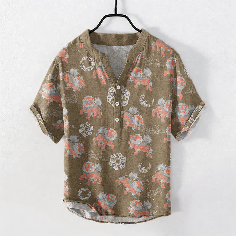 Buddha Stones Baumwoll-Herrenhemd mit kurzen Ärmeln und Löwenmuster „Lion Waves Cloud“, leichtes Design, kastenförmiger Schnitt - Bräunen - US/ UK/AU50, EU60 (5XL) - image 5