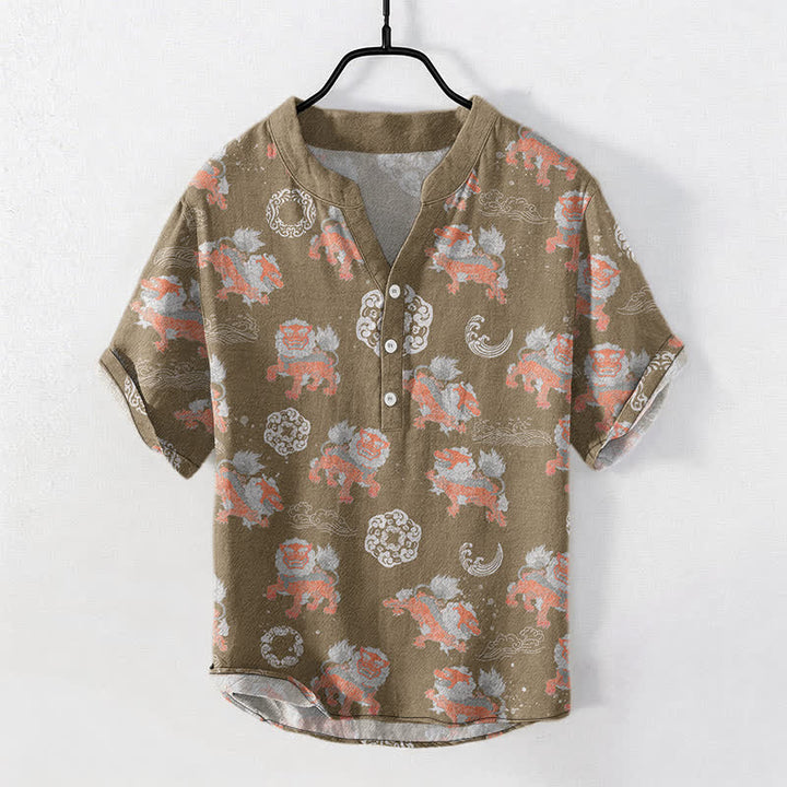 Buddha Stones Baumwoll-Herrenhemd mit kurzen Ärmeln und Löwenmuster „Lion Waves Cloud“, leichtes Design, kastenförmiger Schnitt - Bräunen - US/ UK/AU50, EU60 (5XL) - image 5