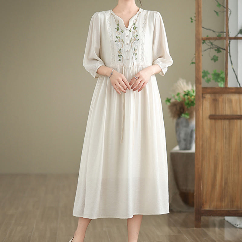 Buddha Stones Frühlingshaftes Damenkleid mit Blumenstickerei, V-Ausschnitt, Bindegürtel, ellbogenlangen Ärmeln und Taschen - image 12