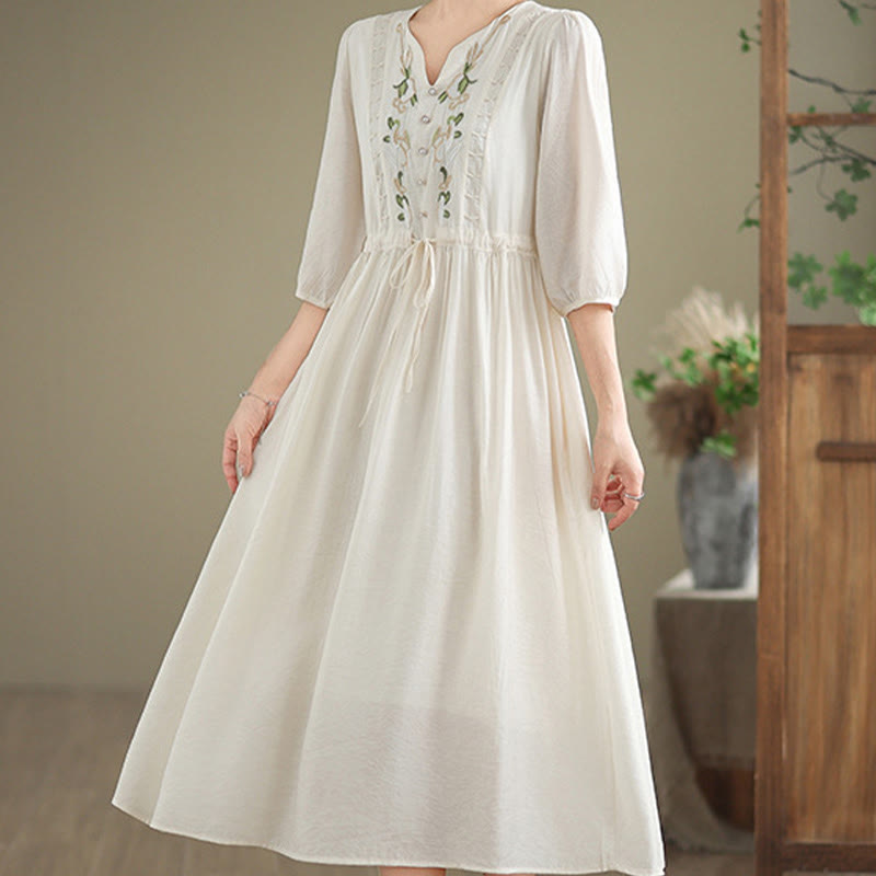 Buddha Stones Frühlingshaftes Damenkleid mit Blumenstickerei, V-Ausschnitt, Bindegürtel, ellbogenlangen Ärmeln und Taschen - image 13