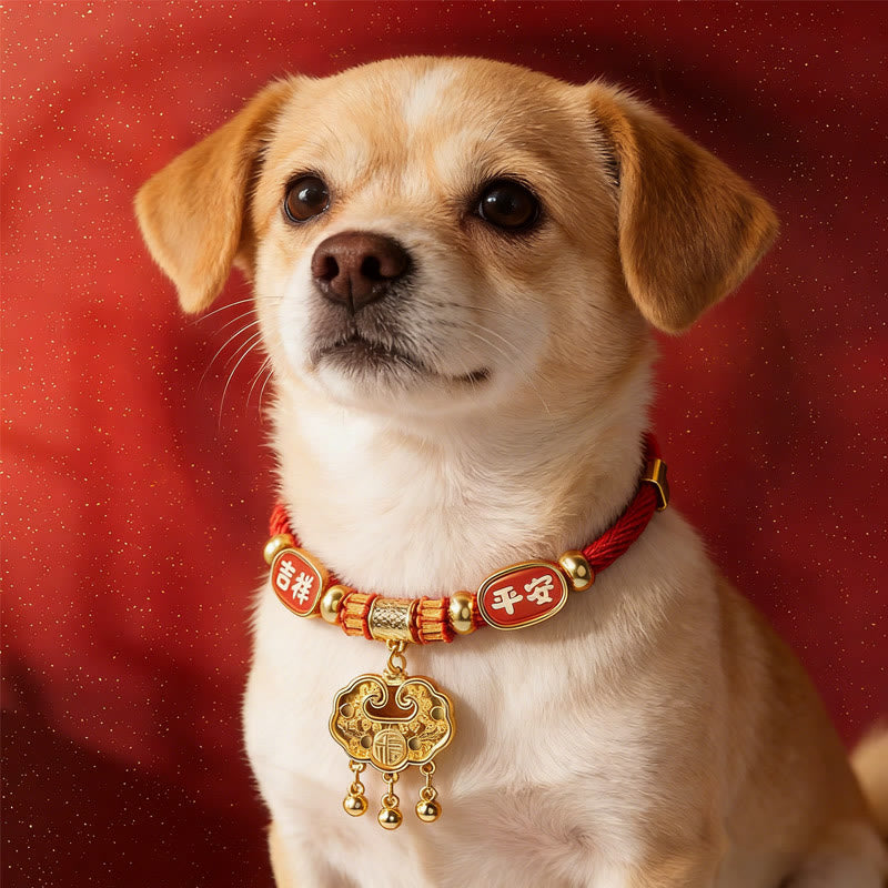 Buddha Stones Rotes Perlenhalsband mit Fu-Motiv und Glückssymbol, verstellbar für Katzen und Hunde - Friedliche goldene Locke - 25-50 cm - image 0
