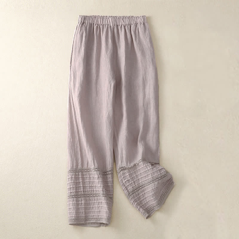 Buddha Stones Frühlingshafte Damenhose aus Baumwolle mit elastischem Bund, Spitzensaum und Falten sowie Taschen - image 0