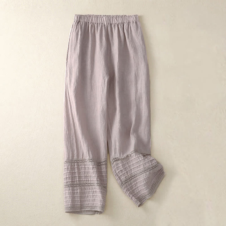 Buddha Stones Frühlingshafte Damenhose aus Baumwolle mit elastischem Bund, Spitzensaum und Falten sowie Taschen - image 0