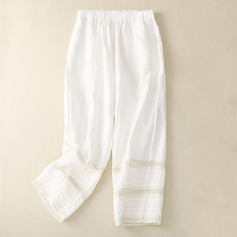 Buddha Stones Frühlingshafte Damenhose aus Baumwolle mit elastischem Bund, Spitzensaum und Falten sowie Taschen - image 7