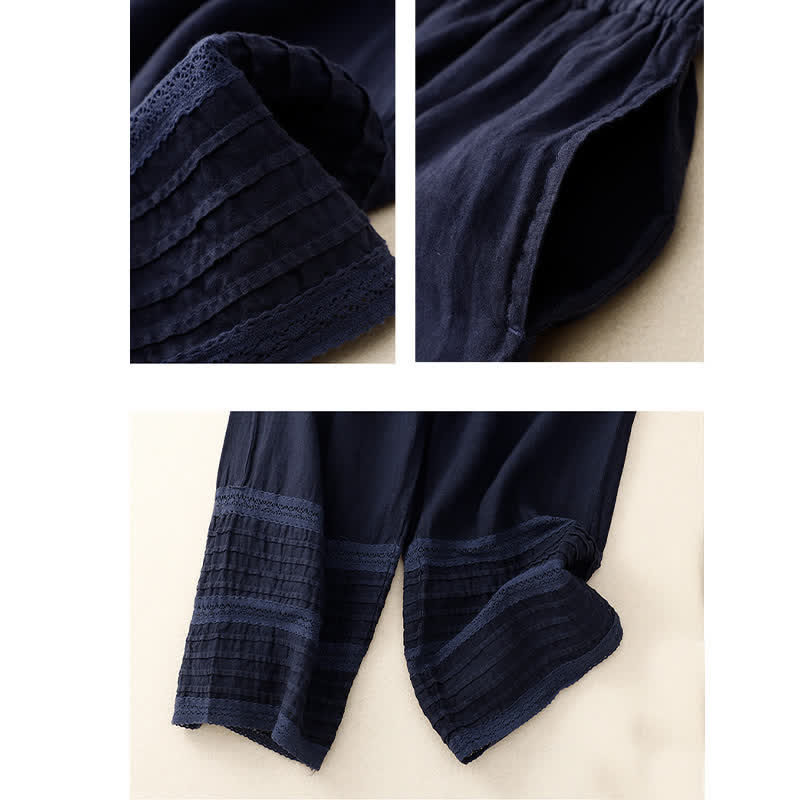 Buddha Stones Frühlingshafte Damenhose aus Baumwolle mit elastischem Bund, Spitzensaum und Falten sowie Taschen - image 12