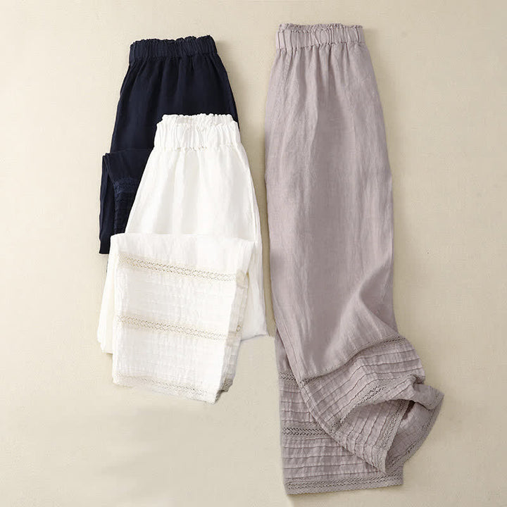 Buddha Stones Frühlingshafte Damenhose aus Baumwolle mit elastischem Bund, Spitzensaum und Falten sowie Taschen - image 13