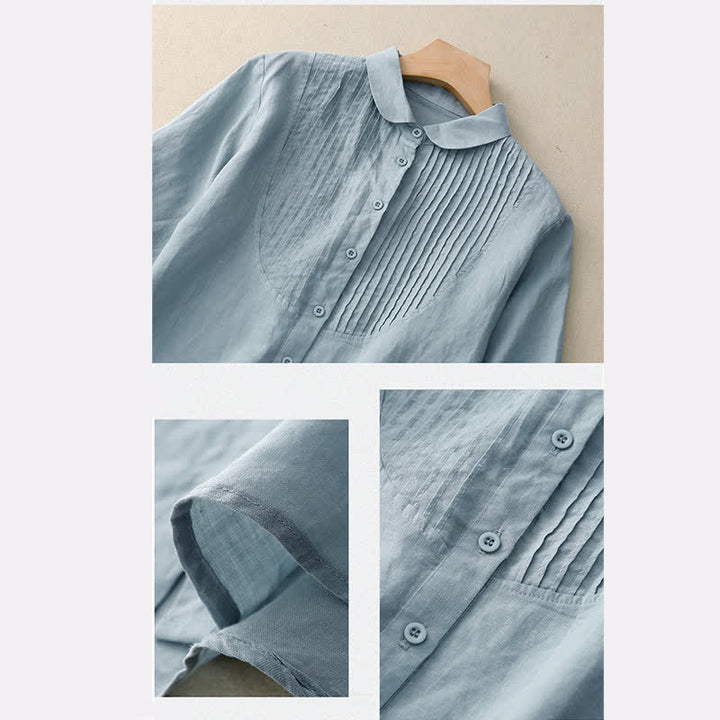 Buddha Stones Frühlingsbluse mit Falten, Biesen, Peter-Pan-Kragen und halben Ärmeln für Damen - image 1