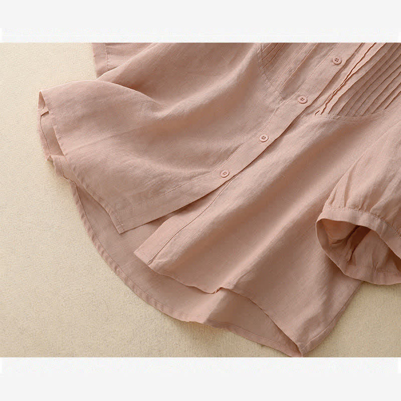 Buddha Stones Frühlingsbluse mit Falten, Biesen, Peter-Pan-Kragen und halben Ärmeln für Damen - image 8