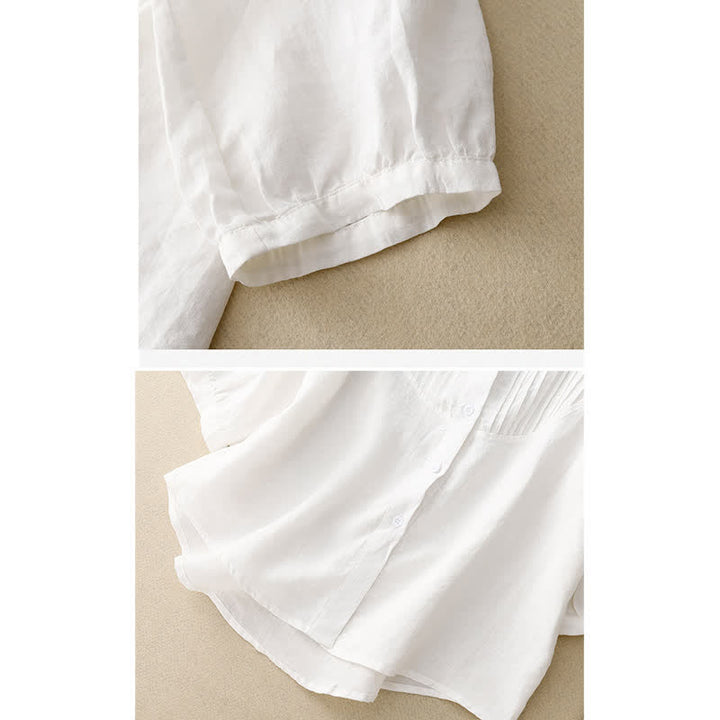 Buddha Stones Frühlingsbluse mit Falten, Biesen, Peter-Pan-Kragen und halben Ärmeln für Damen - image 12