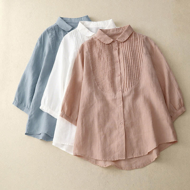 Buddha Stones Frühlingsbluse mit Falten, Biesen, Peter-Pan-Kragen und halben Ärmeln für Damen - image 13