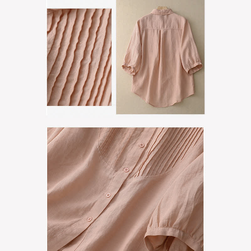 Buddha Stones Frühlingsbluse mit Falten, Biesen, Peter-Pan-Kragen und halben Ärmeln für Damen - image 5