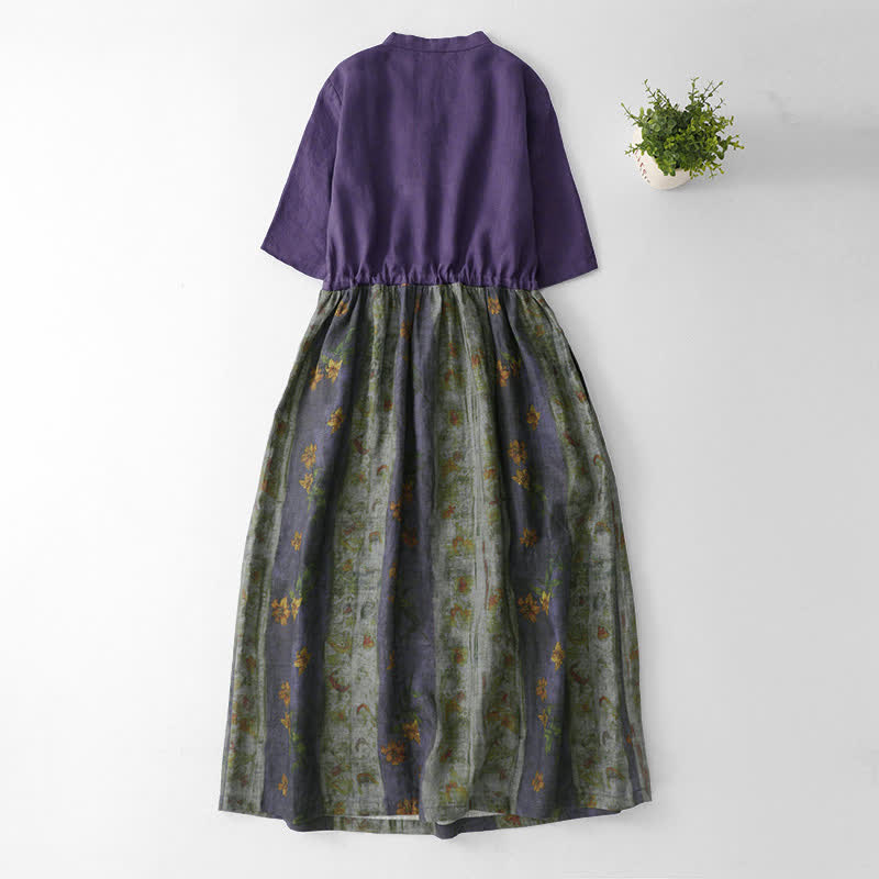 Buddha Stones Sommerkleid mit V-Ausschnitt, Kordelzug in der Taille, Blumenmuster, kurzen Ärmeln unterhalb des Knies und Taschen - image 1