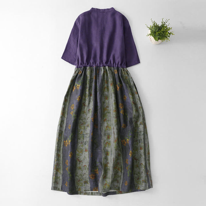 Buddha Stones Sommerkleid mit V-Ausschnitt, Kordelzug in der Taille, Blumenmuster, kurzen Ärmeln unterhalb des Knies und Taschen - image 1