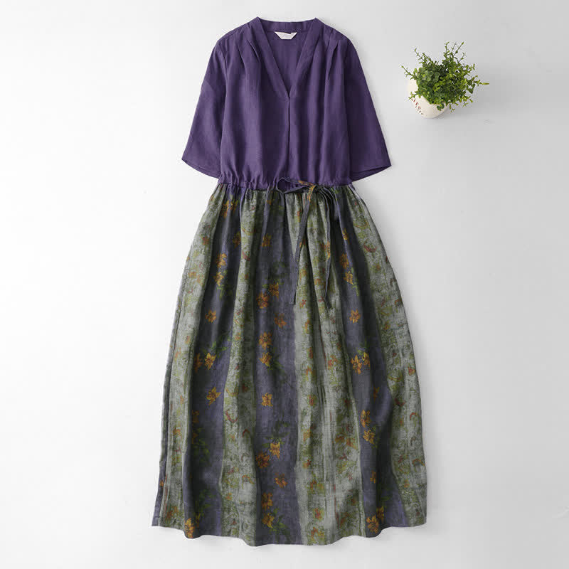 Buddha Stones Sommerkleid mit V-Ausschnitt, Kordelzug in der Taille, Blumenmuster, kurzen Ärmeln unterhalb des Knies und Taschen - RebeccaPurple - US12, UK/AU16, EU44 (2XL) - image 0