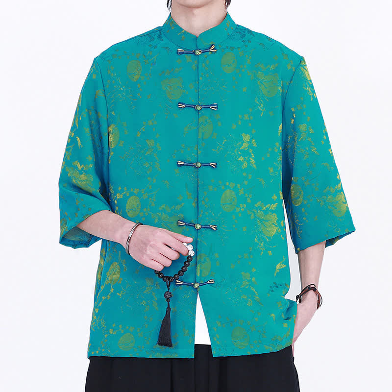 Buddha Stones Elegantes Sommerhemd im Vintage-Stil mit Stehkragen, goldenem Wolkenmuster und Ellbogenärmeln für Herren – ein echter Hingucker - Türkis - US/ UK/AU46, EU56 (5XL) - image 7