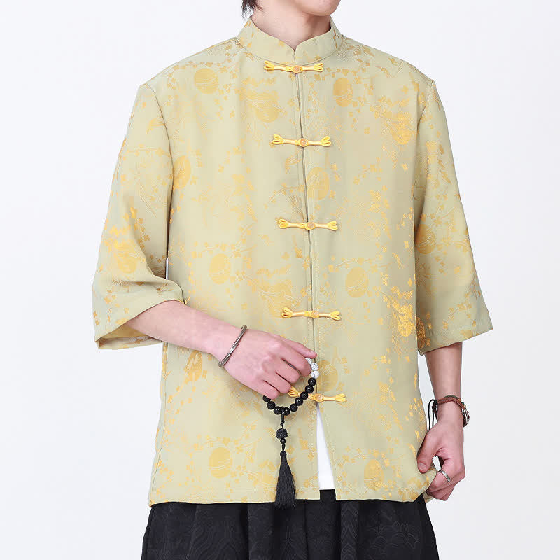 Buddha Stones Elegantes Sommerhemd im Vintage-Stil mit Stehkragen, goldenem Wolkenmuster und Ellbogenärmeln für Herren – ein echter Hingucker - Khaki - US/ UK/AU46, EU56 (5XL) - image 0