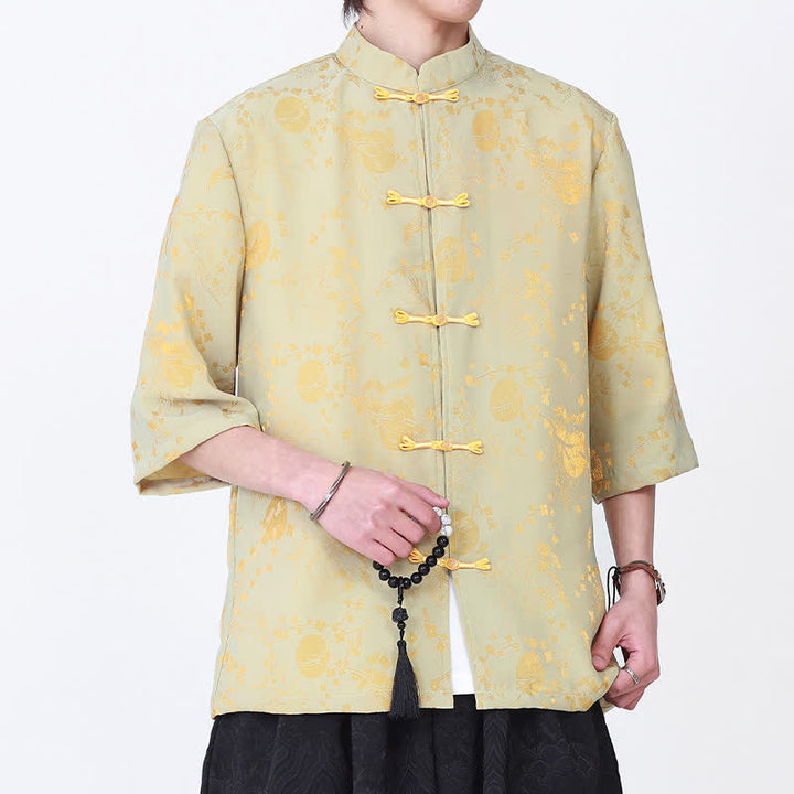 Buddha Stones Elegantes Sommerhemd im Vintage-Stil mit Stehkragen, goldenem Wolkenmuster und Ellbogenärmeln für Herren – ein echter Hingucker - Khaki - US/ UK/AU46, EU56 (5XL) - image 0