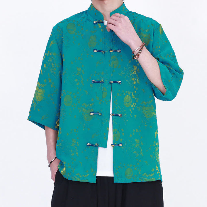 Buddha Stones Elegantes Sommerhemd im Vintage-Stil mit Stehkragen, goldenem Wolkenmuster und Ellbogenärmeln für Herren – ein echter Hingucker - image 11