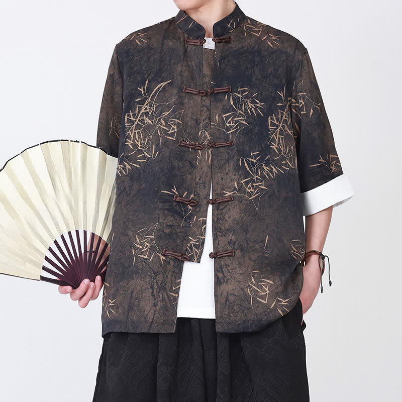 Buddha Stones Sommerhemd mit Bambusmuster, Stehkragen, Froschknöpfen und Ellbogenlänge für Herren - Sattelbraun - US/ UK/AU46, EU56 (5XL) - image 0