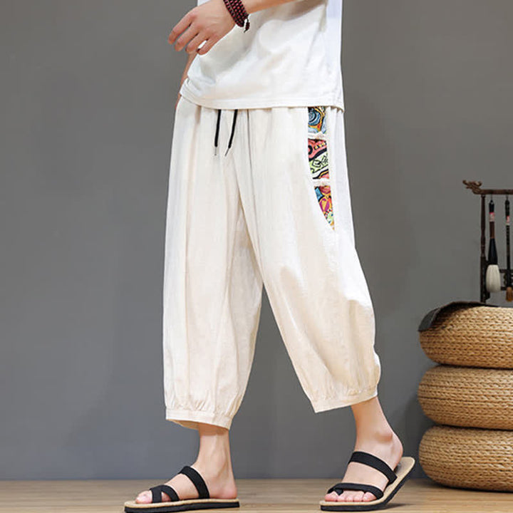 Buddha Stones Sommerliche Caprihose für Herren mit Tribal-Seitenstreifen, Kordelzug im Bund und Taschen - Beige - US/ UK/AU46, EU56 (5XL) - image 0