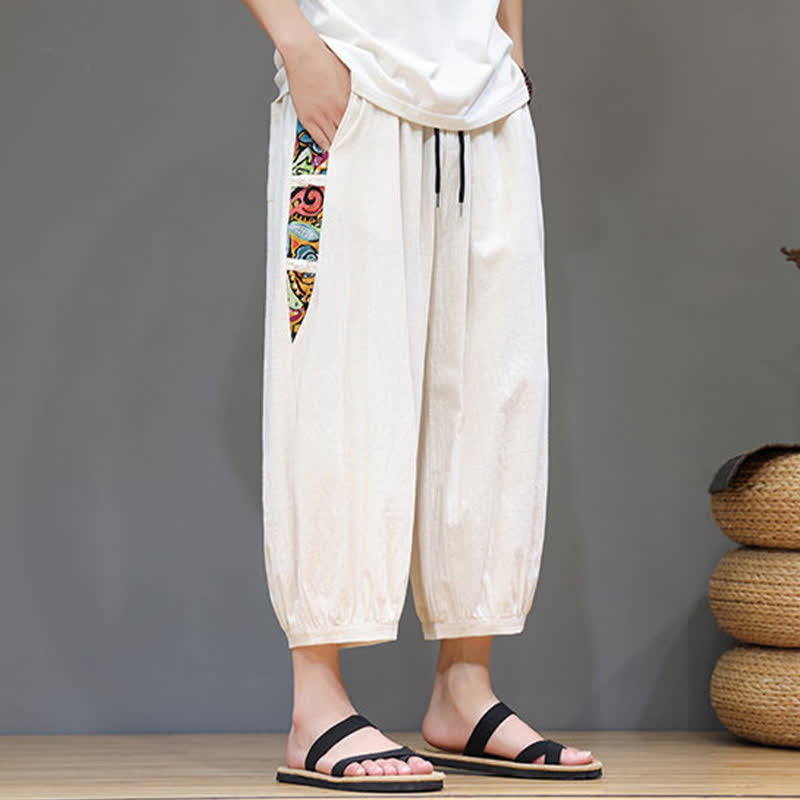 Buddha Stones Sommerliche Caprihose für Herren mit Tribal-Seitenstreifen, Kordelzug im Bund und Taschen - image 2
