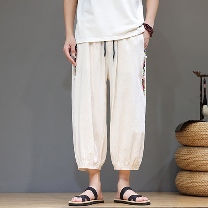 Buddha Stones Sommerliche Caprihose für Herren mit Tribal-Seitenstreifen, Kordelzug im Bund und Taschen - image 1