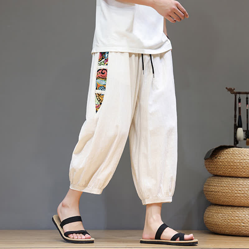 Buddha Stones Sommerliche Caprihose für Herren mit Tribal-Seitenstreifen, Kordelzug im Bund und Taschen - image 3