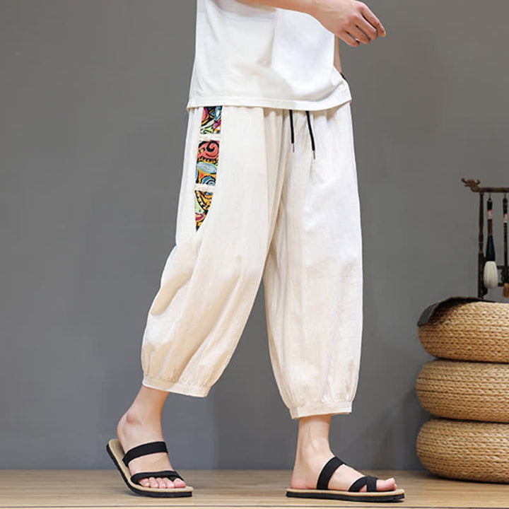 Buddha Stones Sommerliche Caprihose für Herren mit Tribal-Seitenstreifen, Kordelzug im Bund und Taschen - image 3